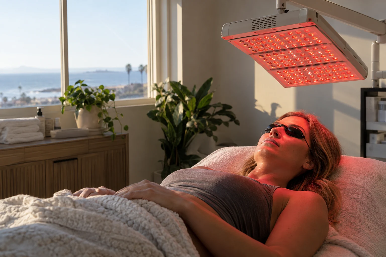 Patient receiving red light therapy at a wellness clinic in Redondo Beach