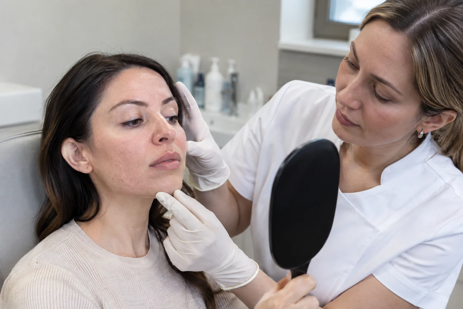 Aesthetic provider assessing skin texture before a microneedling treatment plan